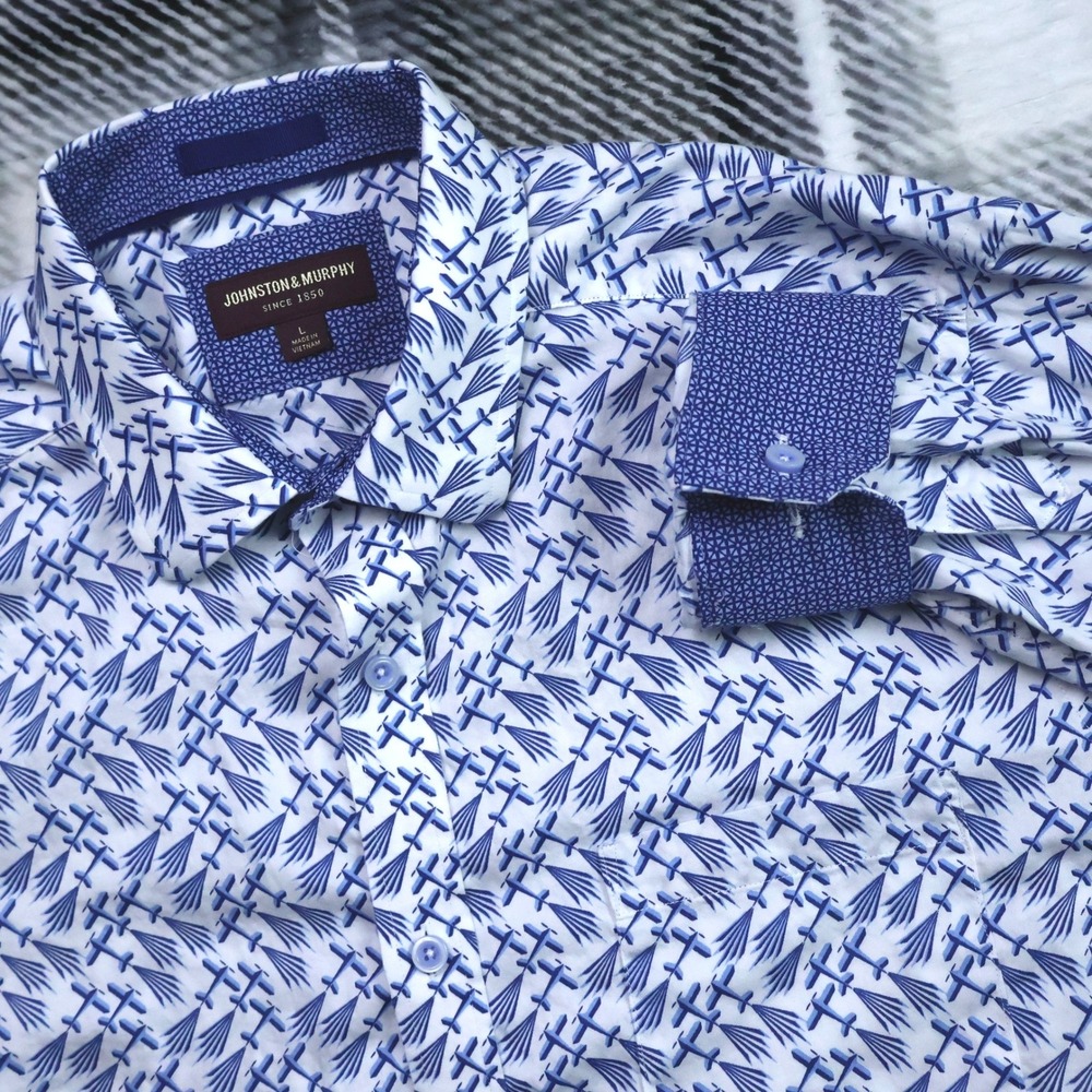 Johnston & Murphy Blue White Propeller Print Button Down Shirt Mens Large